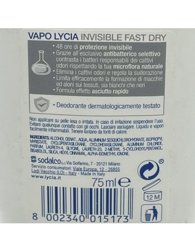lycia deodorante vapo no-gas 75ml - invisible dry - non macchia: tuttocasashop.it: igiene e cura della persona