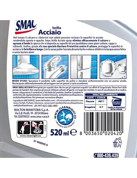 smac brillacciaio 520ml spray - detergente per superfici in acciaio: tuttocasashop.it: pulizia e cura della casa