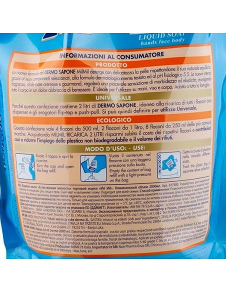 mil mil sapone liquido - ecoricarica - 2 litri - dermo: tuttocasashop.it: igiene e cura della persona