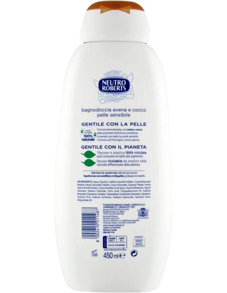 neutro roberts bagnodoccia - 450ml - pelle sensibile con avena e cocco: tuttocasashop.it: igiene e cura della persona
