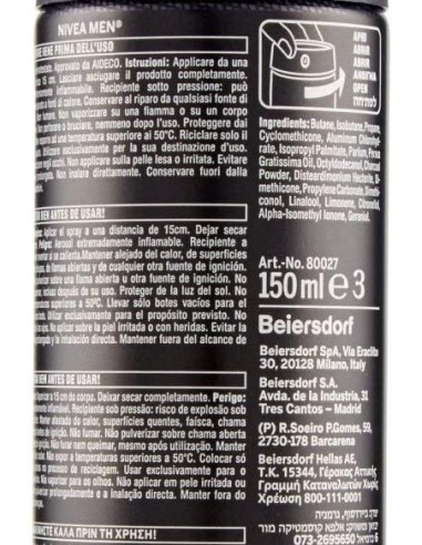 nivea deodorante spray - 150ml - for men - 48h - deep - black carbon: tuttocasashop.it: igiene e cura della persona