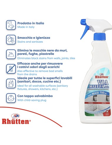rhutten via muffa - spray maxi formato 750ml - antimuffa igienizzante: tuttocasashop.it: pulizia e cura della casa