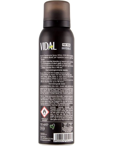 vidal deodorante spray - 150ml - for men invisible 48h 0% alcool no macchie: tuttocasashop.it: igiene e cura della persona