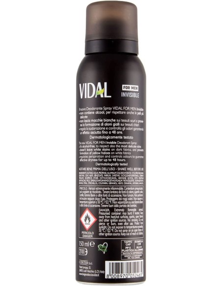 vidal deodorante spray - 150ml - for men invisible 48h 0% alcool no macchie: tuttocasashop.it: igiene e cura della persona