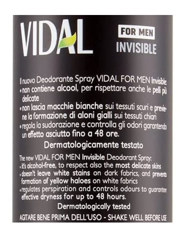 vidal deodorante spray - 150ml - for men invisible 48h 0% alcool no macchie: tuttocasashop.it: igiene e cura della persona