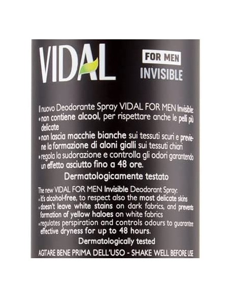 vidal deodorante spray - 150ml - for men invisible 48h 0% alcool no macchie: tuttocasashop.it: igiene e cura della persona
