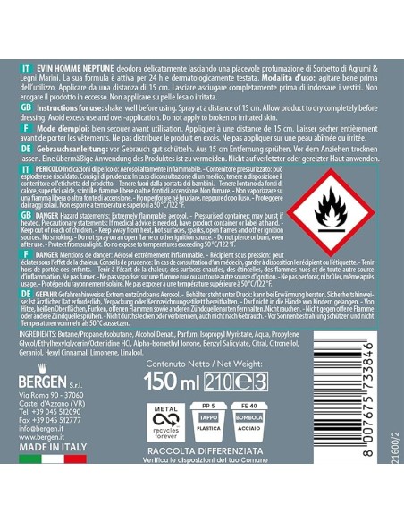 evin deodorante spray uomo 150ml - neptune sorbetto di agrumi e legni marini: tuttocasashop.it: igiene e cura della persona