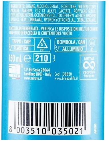 breeze deodorante spray - 150ml - blue - neroli e bergamotto - zero macchie: tuttocasashop.it: igiene e cura della persona