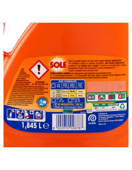 sole detersivo lavatrice liquido - 41 lavaggi 1845ml - bianco splendente: tuttocasashop.it: prodotti per bucato e tessuti