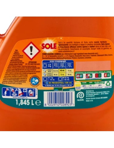 sole detersivo lavatrice liquido - 41 lavaggi 1845ml - igiene e freschezza: tuttocasashop.it: prodotti per bucato e tessuti