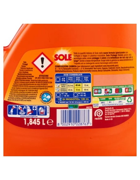 sole detersivo lavatrice liquido - 41 lavaggi 1845ml - proteggi colore: tuttocasashop.it: prodotti per bucato e tessuti