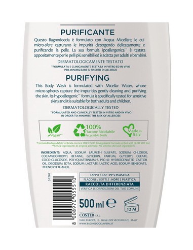 vidal bagnodoccia 500ml - purificante - hydra pure - acqua micellare: tuttocasashop.it: igiene e cura della persona