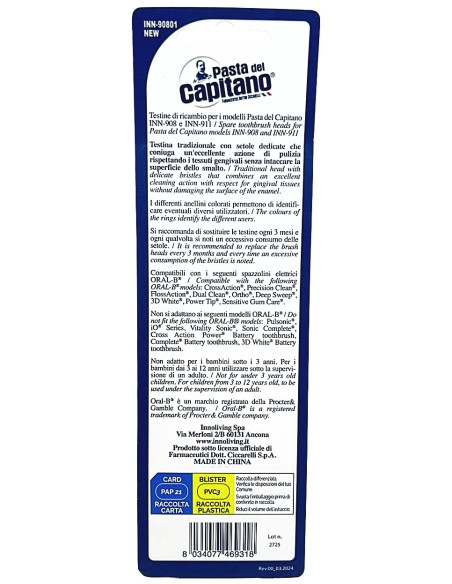 pasta del capitano - 4 testine ricambio per spazzolino elettrico - inn-90801: tuttocasashop.it: igiene e cura della persona