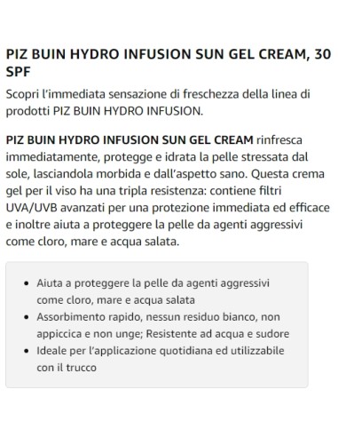 piz buin hydro infusion sun gel cream 150ml spf30 rinfresca protegge idrata: tuttocasashop.it: igiene e cura della persona