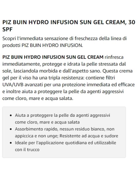 piz buin hydro infusion sun gel cream 150ml spf30 rinfresca protegge idrata: tuttocasashop.it: igiene e cura della persona