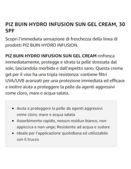 piz buin hydro infusion sun gel cream 150ml spf50 rinfresca protegge idrata: tuttocasashop.it: igiene e cura della persona