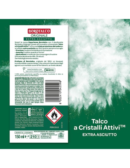 borotalco deodorante spray 150ml - original 48h - talco a cristalli attivi: tuttocasashop.it: igiene e cura della persona