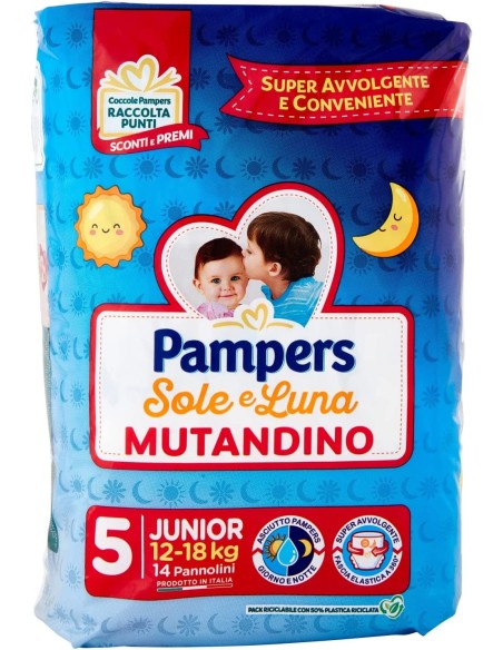pampers sole e luna mutandino - 14 pannolini taglia 5 junior 12-18kg: tuttocasashop.it: igiene e cura della persona