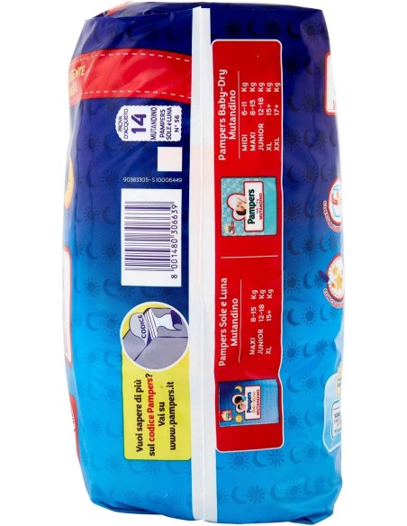 pampers sole e luna mutandino - 14 pannolini taglia 5 junior 12-18kg: tuttocasashop.it: igiene e cura della persona