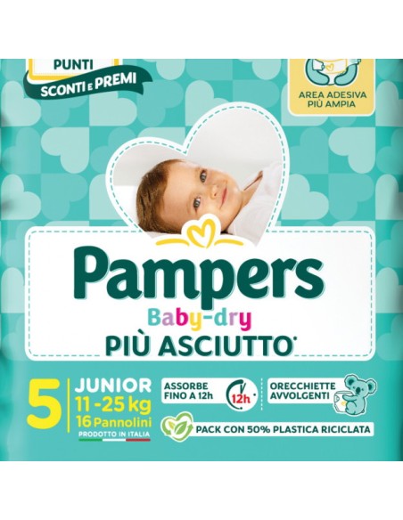 pampers pannolini baby-dry - taglia 5 junior 11-25kg - 16 pezzi: tuttocasashop.it: igiene e cura della persona