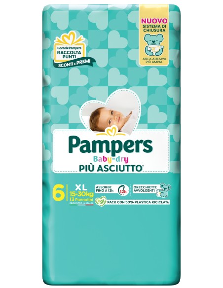 pampers pannolini baby-dry - taglia 6 extra large xl 15-30kg - 13 pezzi: tuttocasashop.it: igiene e cura della persona