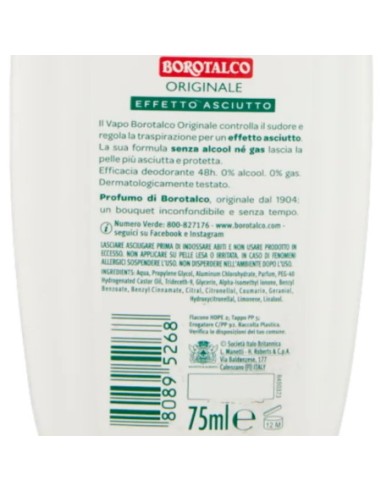 borotalco deodorante vapo no-gas 75ml - original 48h - effetto asciutto: tuttocasashop.it: igiene e cura della persona