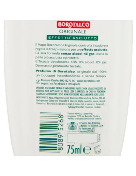 borotalco deodorante vapo no-gas 75ml - original 48h - effetto asciutto: tuttocasashop.it: igiene e cura della persona