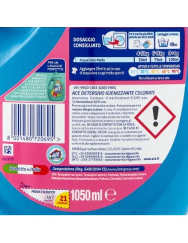 ace detersivo lavatrice liquido - 21 lavaggi - 1050ml - colore: tuttocasashop.it: prodotti per bucato e tessuti