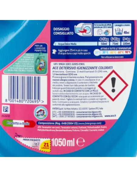 ace detersivo lavatrice liquido - 21 lavaggi - 1050ml - colore: tuttocasashop.it: prodotti per bucato e tessuti