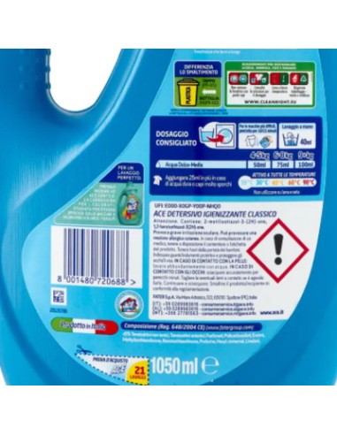 ace detersivo lavatrice liquido - 21 lavaggi - 1050ml - classico: tuttocasashop.it: prodotti per bucato e tessuti