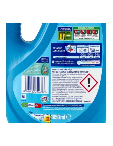 ace detersivo lavatrice liquido - 21 lavaggi - 1050ml - classico: tuttocasashop.it: prodotti per bucato e tessuti