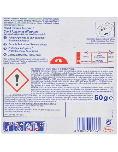 bref wc power activ - tavoletta wc deodorante 4 funzioni - 50g - limone: tuttocasashop.it: pulizia e cura della casa