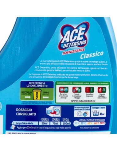 ace detersivo lavatrice liquido - 27 lavaggi - 1350ml - classico: tuttocasashop.it: prodotti per bucato e tessuti
