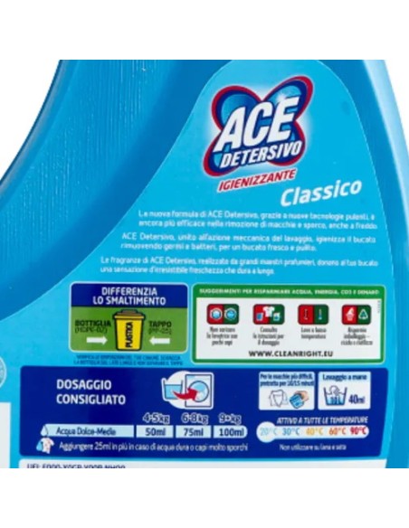 ace detersivo lavatrice liquido - 27 lavaggi - 1350ml - classico: tuttocasashop.it: prodotti per bucato e tessuti