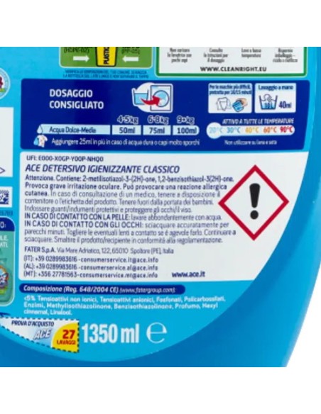 ace detersivo lavatrice liquido - 27 lavaggi - 1350ml - classico: tuttocasashop.it: prodotti per bucato e tessuti