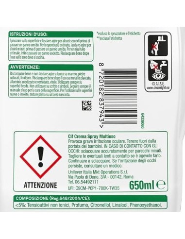 cif crema spray multiuso - 650ml - sporco ostinato - risciacquo facile: tuttocasashop.it: pulizia e cura della casa