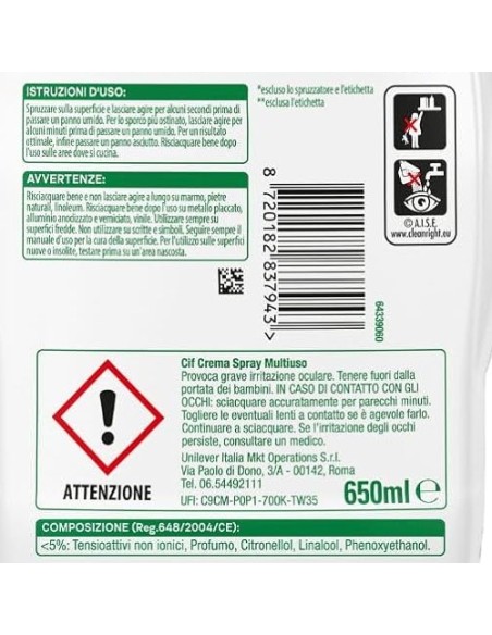 cif crema spray multiuso - 650ml - sporco ostinato - risciacquo facile: tuttocasashop.it: pulizia e cura della casa