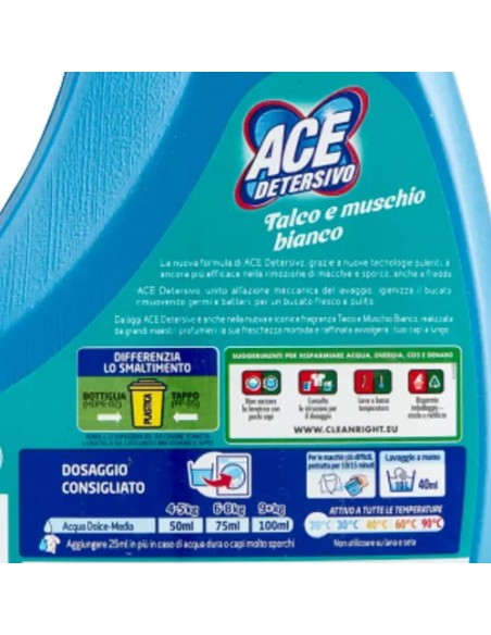 ace detersivo lavatrice liquido - 27 lavaggi - 1350ml - talco e muschio b.: tuttocasashop.it: prodotti per bucato e tessuti