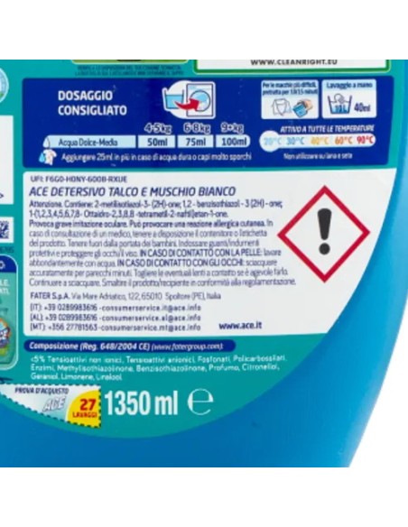 ace detersivo lavatrice liquido - 27 lavaggi - 1350ml - talco e muschio b.: tuttocasashop.it: prodotti per bucato e tessuti