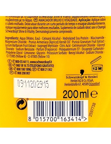 schwarzkopf testanera balsamo 200ml - lucentezza & vitalita' capelli normali: tuttocasashop.it: igiene e cura della persona