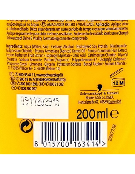 schwarzkopf testanera balsamo 200ml - lucentezza & vitalita' capelli normali: tuttocasashop.it: igiene e cura della persona