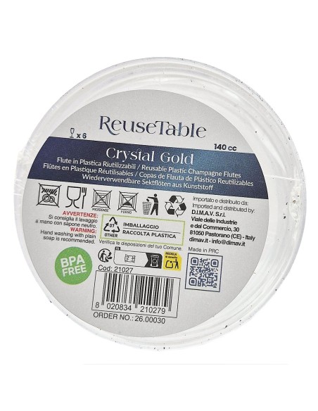 Reusetable Crystal Gold - 6 Flutes In Plastica Riutilizzabili - 140cc - Oro