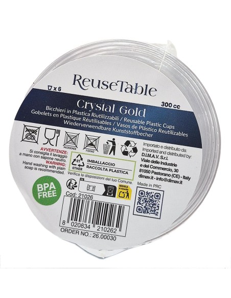 Reusetable Crystal Gold - 6 Bicchieri In Plastica Riutilizzabili - 300cc - Oro