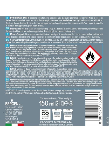 evin deodorante spray uomo - 150ml - earth - pepe nero e foglie di vetiver: tuttocasashop.it: igiene e cura della persona