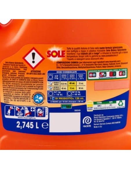 sole deterivo lavatrice liquido 61 lavaggi - 2745ml - bianco splendente: tuttocasashop.it: prodotti per bucato e tessuti