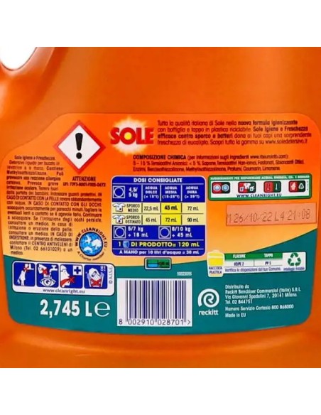 sole deterivo lavatrice liquido 61 lavaggi - 2745ml - igiene e freschezza: tuttocasashop.it: prodotti per bucato e tessuti