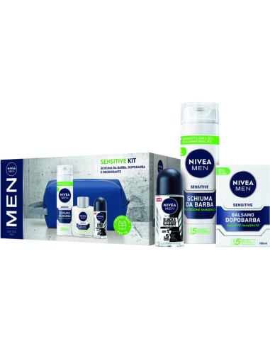 nivea men sensitive: schiuma da barba + after shave + deo roll-on + borsello: tuttocasashop.it: igiene e cura della persona