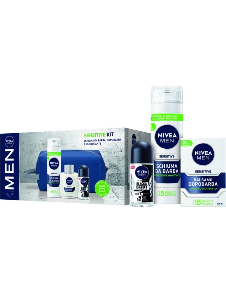 nivea men sensitive: schiuma da barba + after shave + deo roll-on + borsello: tuttocasashop.it: igiene e cura della persona