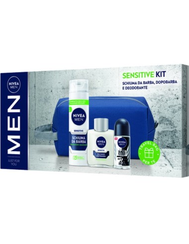 nivea men sensitive: schiuma da barba + after shave + deo roll-on + borsello: tuttocasashop.it: igiene e cura della persona
