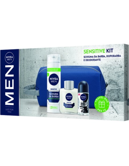 nivea men sensitive: schiuma da barba + after shave + deo roll-on + borsello: tuttocasashop.it: igiene e cura della persona
